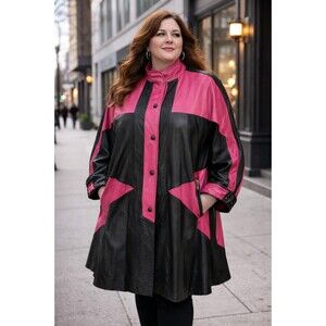 Vintage 90s Y2K Leather Swing Coat Women 3X Black Pink Trim Buttons Roamans